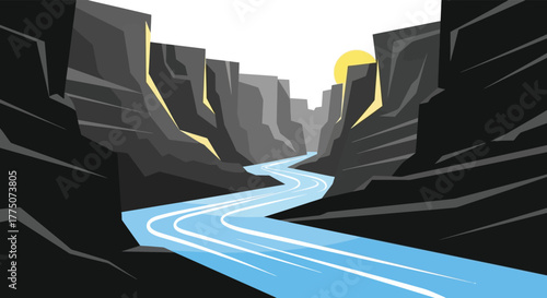 Stylized illustration of a winding river flowing through a deep dark canyon with sunlight illuminating the peaks