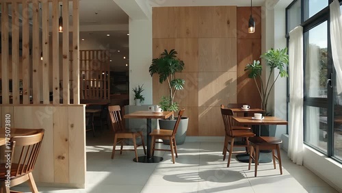 Visualization of a Contemporary Coffee Shop Featuring Natural Wooden Furnishings and Lush Potted Greenery Illuminated by