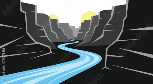 Stylized illustration of a winding blue river flowing through a dramatic dark canyon with bright sunlight at the top