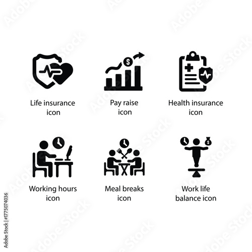 Life insurance, Pay raise, Health insurance, Working hours, Meal breaks, Work life balance, icon