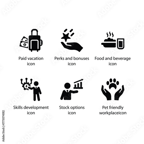 Paid vacation, Perks bonuses, Food  beverage, Skills development, Stock options, Pet friendly, icon