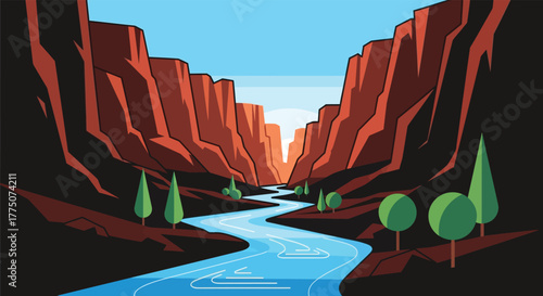 Stylized illustration of a winding river flowing through a majestic red rock canyon at sunrise