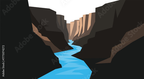 Stylized illustration of a vibrant blue river flowing through a dark imposing canyon with warm sunlight on the rock walls