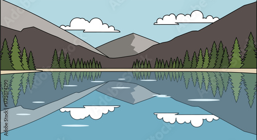 Serene mountain lake reflection with evergreen forest and cloudy sky