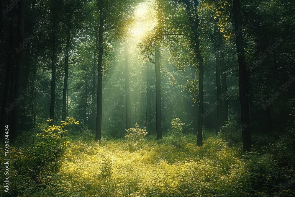 Obraz premium Sunlight streaming through tall trees illuminating vibrant green foliage in a dense, tranquil forest clearing