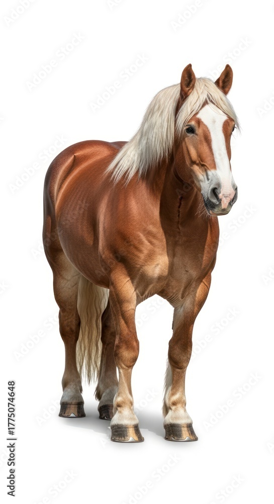 Obraz premium A chestnut horse with a white blaze standing on a white background