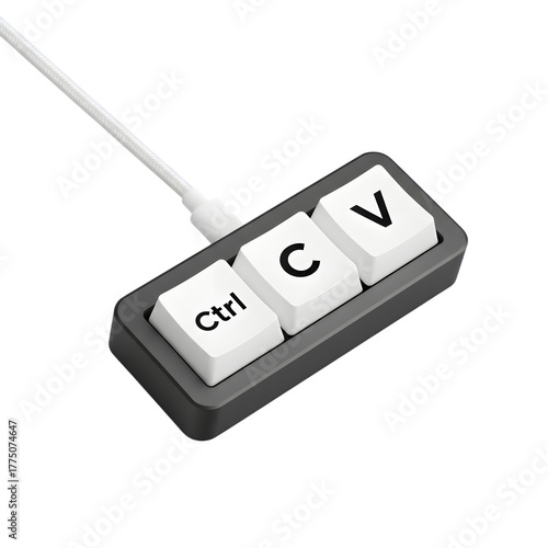 Mini keyboard macro pad with Ctrl, C, and V keys, simple office productivity concept, isolated on transparent background