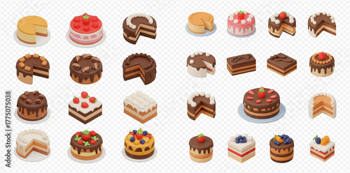 Isometric illustration set of various cakes and pastries with different flavors and toppings, including chocolate, strawberry, and fruit cakes.