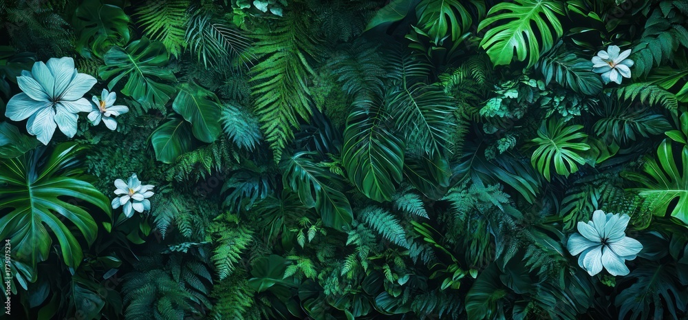 Fototapeta premium Dense lush foliage with a variety of green tropical leaves and scattered large white flowers creating a vibrant and serene natural scene