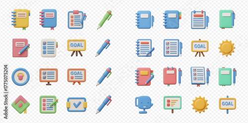 A comprehensive collection of colorful flat design icons representing office supplies, planning tools, and productivity concepts like notebooks, clipboards, pens, and goal boards.