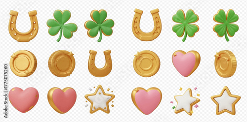 A collection of 3D rendered lucky charms and festive symbols including golden horseshoes, green clovers, coins, pink hearts, and white stars on a transparent background.