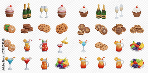 A vibrant collection of 3D rendered icons featuring various celebratory food and drink items like cupcakes, champagne, cookies, cocktails, and fruit bowls.