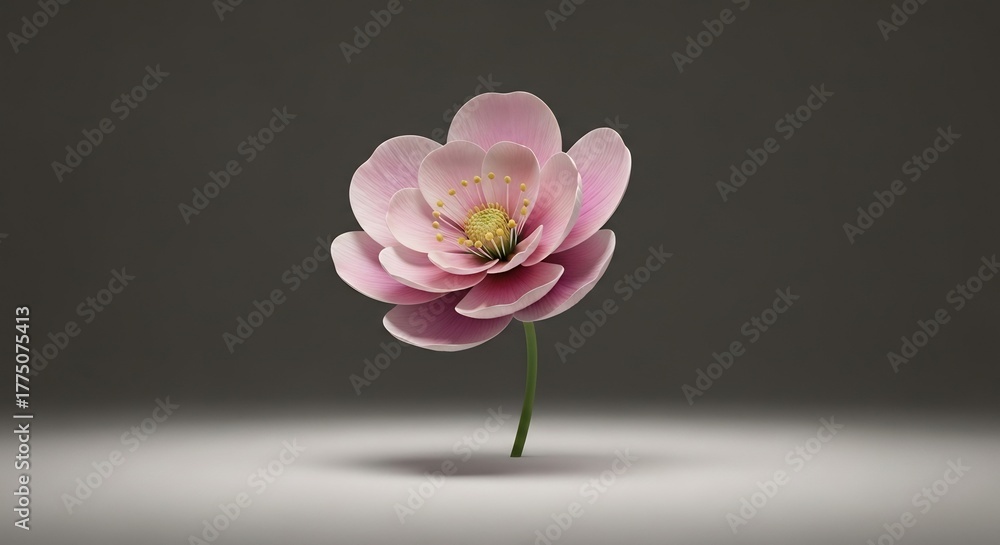 Fototapeta premium Pink flower blooms with yellow center against a gray background and lit stage