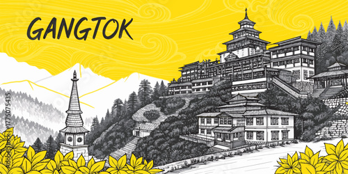 Gangtok Skyline Sketch with Cultural Touch – Hand-Drawn Line Art Featuring Rumtek Monastery, MG Marg, Hanuman Tok and Himalayan Mountains for Sikkim Tourism Use