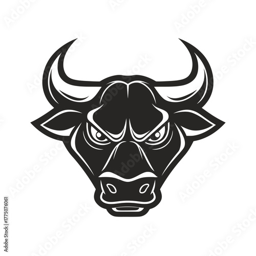Bold black and white illustration of a bull with fierce expression