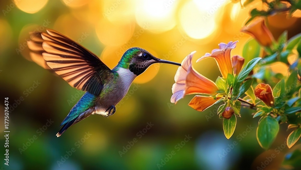 Obraz premium vibrant hummingbird with iridescent green and blue feathers feeding from a peach-colored trumpet flower in golden sunlight