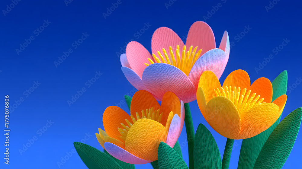 Naklejka premium 3D paper-cut spring flowers background in blue pastel colors