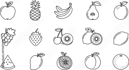 Fresh tropical fruits collection including apple, banana, pineapple, mango, orange, lemon, kiwi, grape, cad drawing flat vector illustration