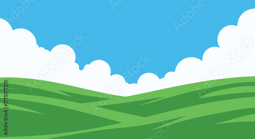 Vibrant green rolling hills under a bright blue sky with fluffy white clouds