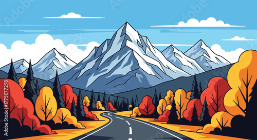 Scenic winding road through vibrant autumn forest leading to majestic snow capped mountains under a blue sky