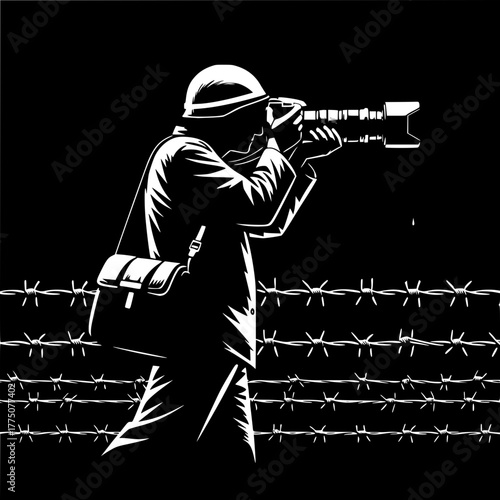 War Zone Lens: In a stark black and white scene, a figure, clad in a helmet, stands resolute behind barbed wire, his camera capturing the grim realities of war.