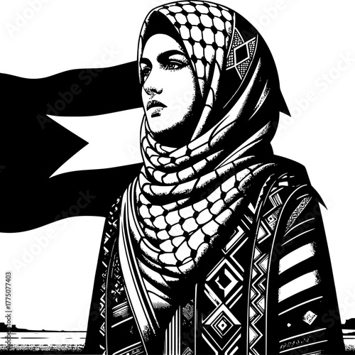 Portrait of a Woman and Symbolic Flag: The striking portrait of a woman of Middle Eastern descent, adorned in traditional attire, gazes steadfastly ahead, a flag serving as a powerful backdrop.