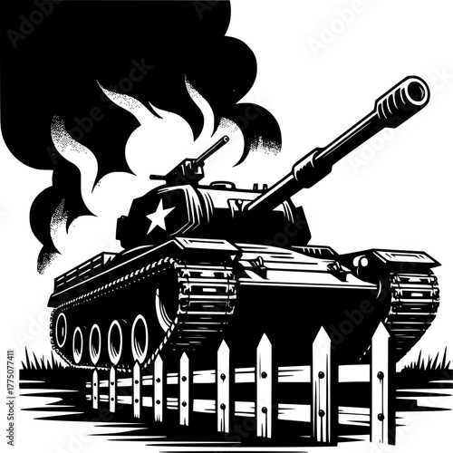 Tank on the Fence: A black and white illustration of a war tank positioned behind a fence, with dark smoke in the background, symbolizing potential destruction or conflict.