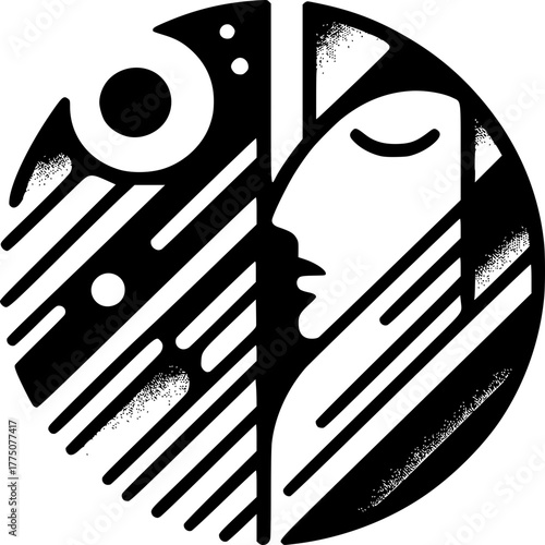 Artistic Symbolism: A striking graphic illustration, showcasing a circular composition split into two contrasting halves, one depicting a serene face with closed eyes.