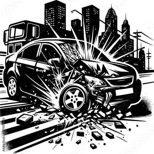Aftermath of Impact: A monochrome illustration vividly depicts a car crash, capturing the destructive force and chaotic aftermath within an urban landscape.