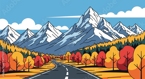 Scenic mountain road leading through a vibrant autumn forest with snow capped peaks under a clear blue sky