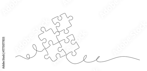 Continuous single line drawing of four puzzle pieces. Problem solving and solution business metaphor. One line drawing of puzzle piece for idea  business  thinking process  creativity.