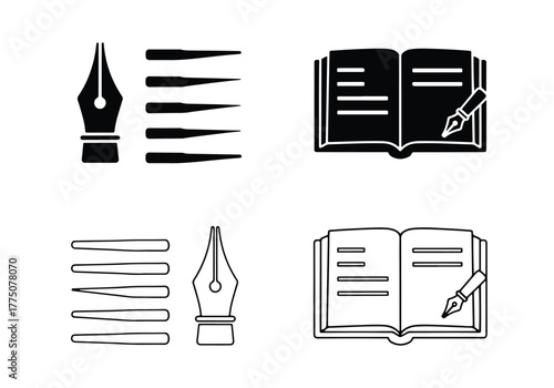 Pen and book icons representing writing and education - Vector icon symbol for website - Icon vector - Blue icon vector - Line and glyph solid icon set