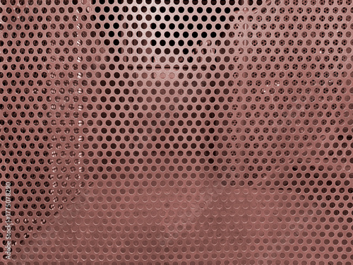 Close up of rustic corroded copper perforated metal plate or perforated panel texture. Seamless graphic background.