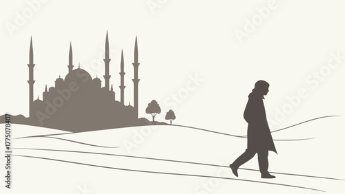 Silhouette of a person walking towards a mosque with minarets in a minimalist landscape setting scene