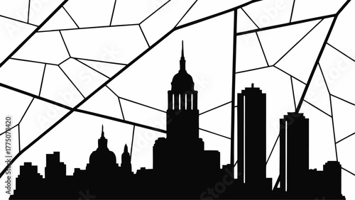 Black and white silhouette of a city skyline with geometric shapes in the upper portion of the image
