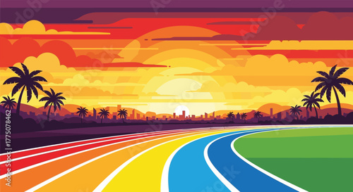 Vibrant sunset over a colorful running track with palm trees and distant city skyline
