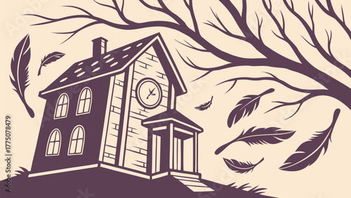 Illustration of a crooked house with a clock tower, bare tree branches, and floating feathers around it silhouette