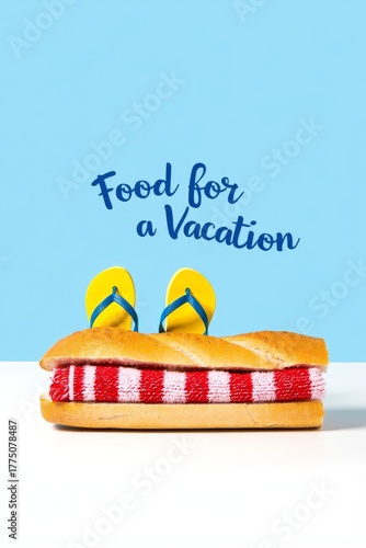 A baguette wearing yellow flip-flops on a red and white striped towel with the text food for a vacation