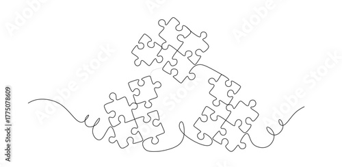 Continuous single line drawing of four puzzle pieces. Problem solving and solution business metaphor. One line drawing of puzzle piece for idea  business  thinking process  creativity.