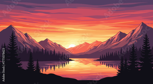 Vibrant pixel art sunset over a serene mountain lake reflecting the fiery sky and surrounding pine forest