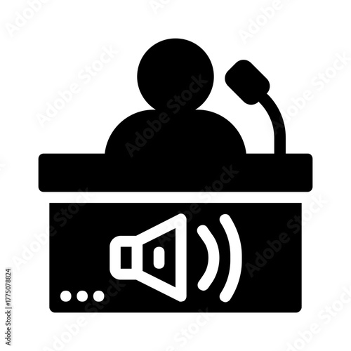 Speaker at a podium with a sound symbol, presenting at a conference. Perfect for webinars, public speaking, events, and communication concepts.
