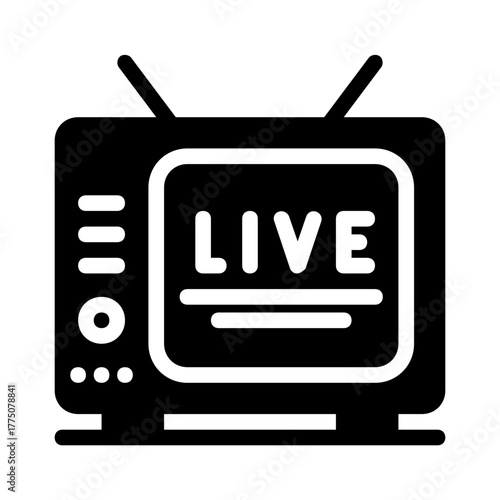 Black line icon of an old television with live text suitable for broadcasting, streaming, news, or media content designs.
