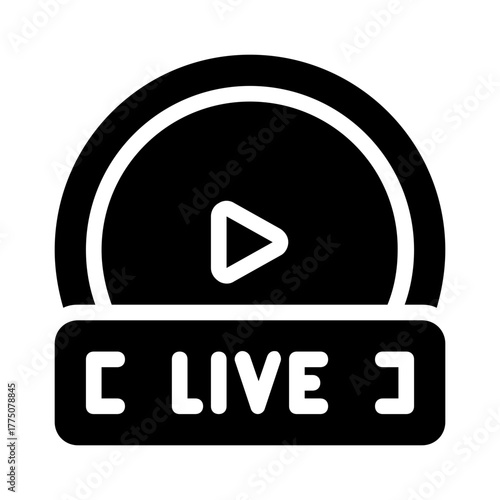 Black and white live icon with play button for media, streaming services, websites, and online platforms. Perfect for enhancing user interfaces.
