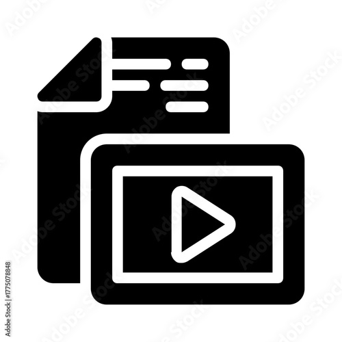Document with a play button on a screen. Suitable for digital presentations, online courses, video tutorials, multimedia content, elearning platforms.
