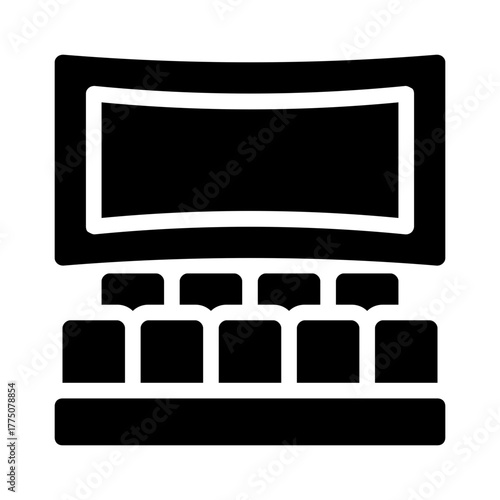 Movie theater screen and seats icon suitable for cinema, movierelated promotions, entertainment websites, event invitations. Audience perspective illustration.
