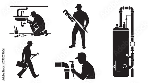 Set of plumbing service icons featuring plumbers repairing sinks and pipes vector silhouette illustration isolated on white background
