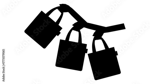 Three hands holding colorful tote bags with shopping cart icons on blue background, highlighting eco friendly retail, reusable style, and modern consumer habits.