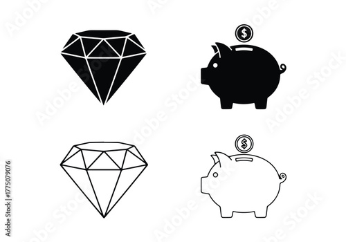 Diamond and piggy bank icons for wealth and savings - Vector icon symbol for website - Icon vector - Blue icon vector - Line and glyph solid icon set