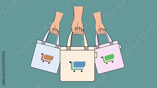 Three hands holding pastel tote bags with colorful cart icons on muted teal background, representing eco shopping, retail diversity, and clean consumer lifestyle.