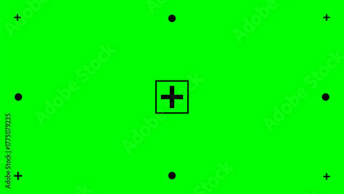 Green screen with central plus sign inside a square, surrounded by dots and corner tracking marks, designed for chromakey motion tracking, camera alignment, and VFX compositing.